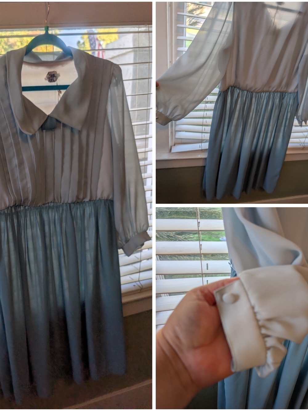 Vintage Light Blue Women's Long Sleeve Pleated Waist Dress